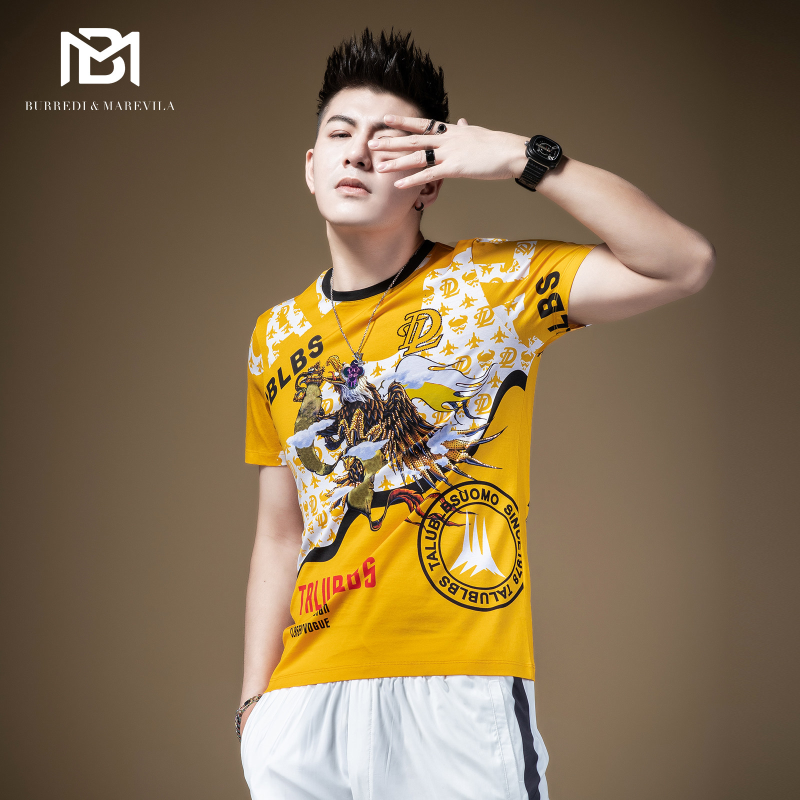 BM欧洲站男装2021新款炸街潮牌老鹰短袖t恤男印花烫钻高端半截袖