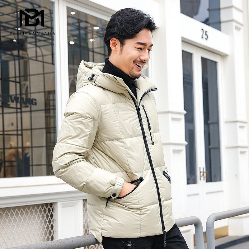 BM压线羽绒服男流行新款纯色韩版白鸭绒潮修身短款男士连帽外套冬