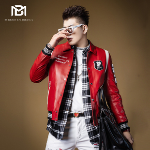 BM真羊皮机车皮衣男2022新款 痞帅 飞镖刺绣红色海宁皮夹克外套男士