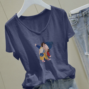 新款 潮流夏新款 女装 t恤女大码 显瘦纯棉印花上衣 白色竹节棉v领短袖