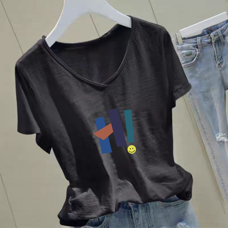 纯棉V领短袖T恤女2025夏季韩版宽松显瘦时尚印花竹节棉上衣打底衫