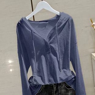 2025早秋新款韩版连帽长袖t恤女宽松显瘦竹节棉内搭打底衫上衣潮