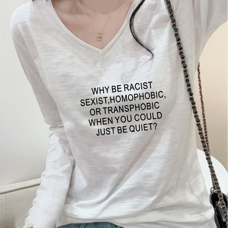 杂志风女装字母印花卷边V领长袖2025竹节棉T恤宽松显瘦百搭打底衫