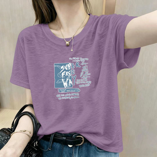 竹节棉T恤女夏新款星球字母印花宽松短袖圆领休闲百搭显瘦上衣