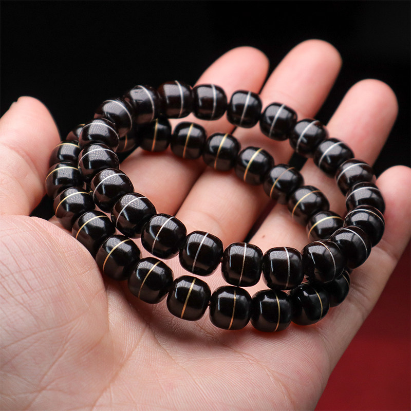 琼玩天然印尼黑金一线药师椰蒂手串单圈老型桶珠原色文玩佛珠精品