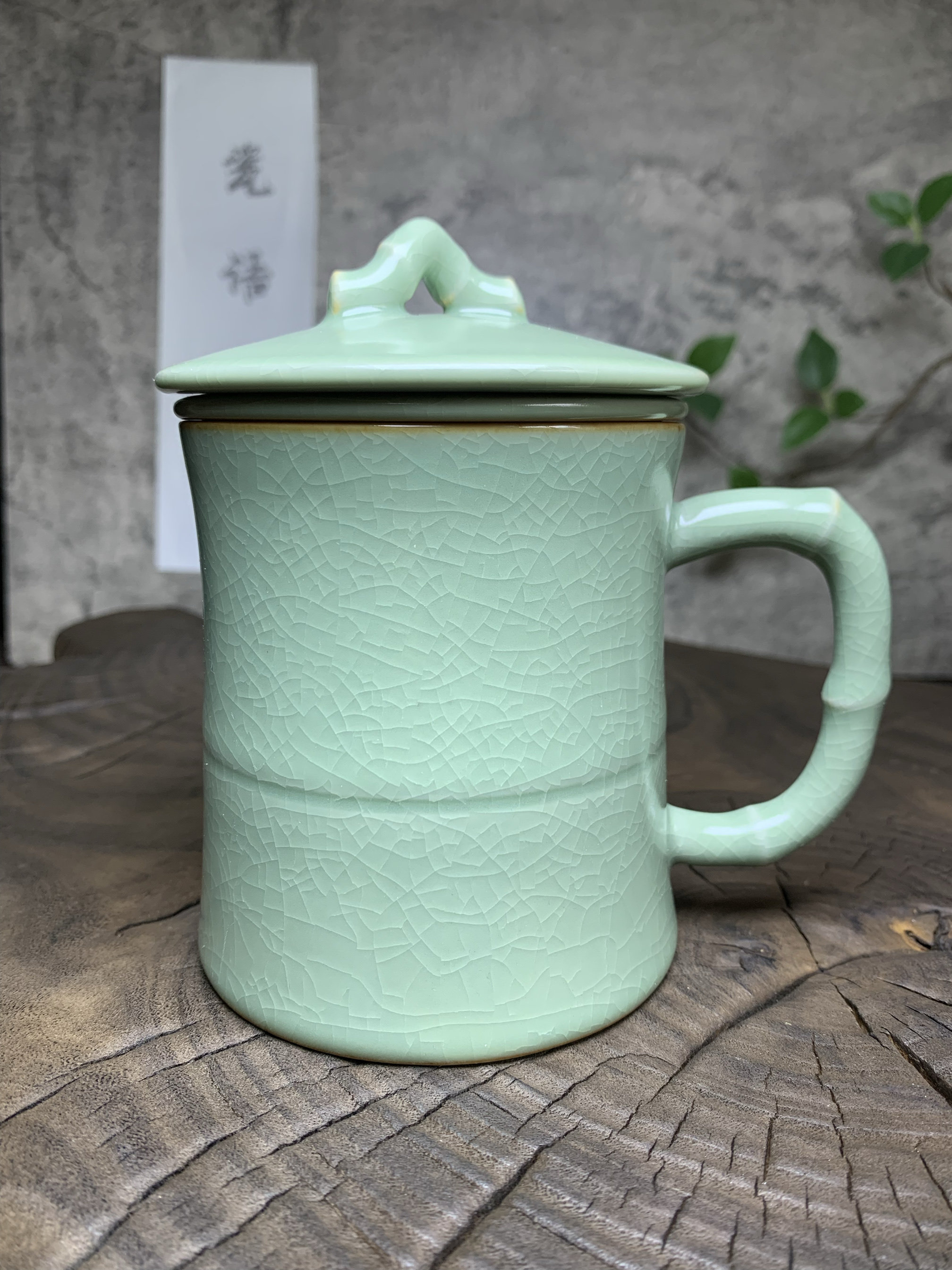 秘制仿古釉汝瓷竹节茶杯陶瓷办公室有柄有盖泡茶杯家用水杯个人杯