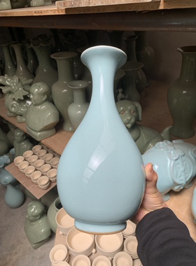 捡漏！天青釉汝窑仿古器型花瓶摆件，大号玉壶春瓶汝州原产地手工