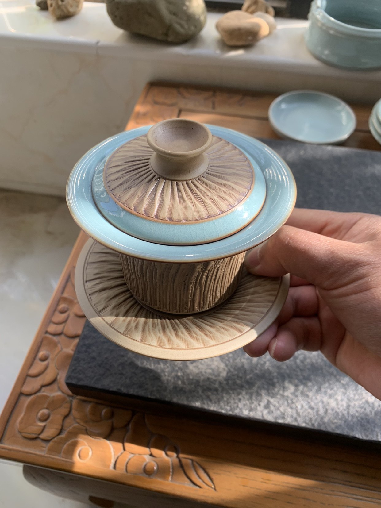 瓷语汝窑精选重工盖碗马蹄赵琳纯手工创意纯正天青色汝瓷开片可养