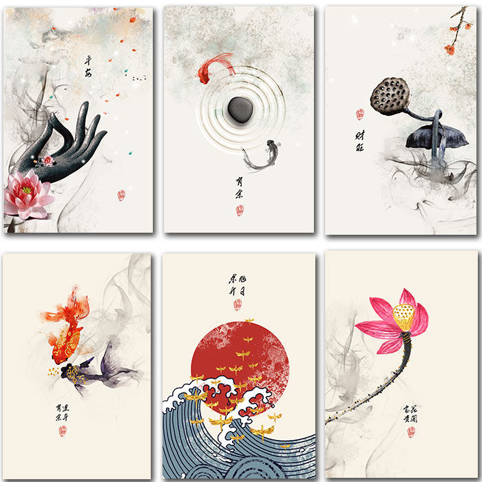 新中式民俗水墨佛手荷花装饰画客厅沙发背景挂画禅意財鱼自粘画芯