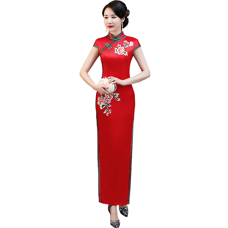牡丹花中国风走秀新式长款旗袍