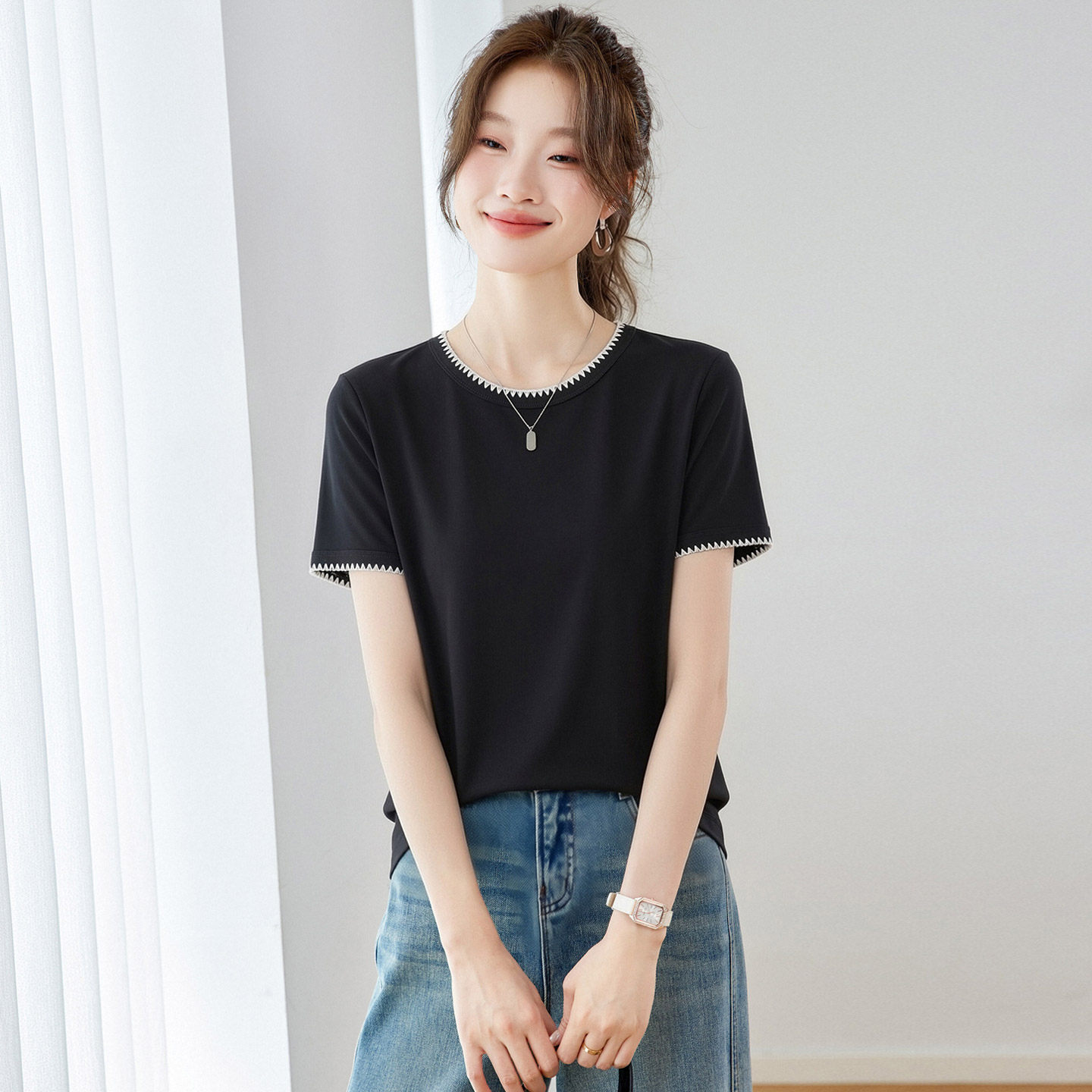 正肩纯棉短袖t恤女2026夏季新款撞色领白色宽松显瘦休闲减龄上衣