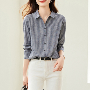 高级感竖条纹衬衫女2025秋装新款百搭小个子宽松上衣长袖纯棉衬衣