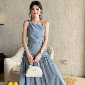 LS 优雅纯色不规则吊带连衣裙广州十三行2024夏季新品女装 21817#