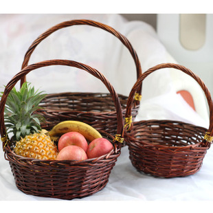 水果篮子藤编礼品包装手提采摘道具野餐舞蹈鸡蛋圆形柳竹筐rattan