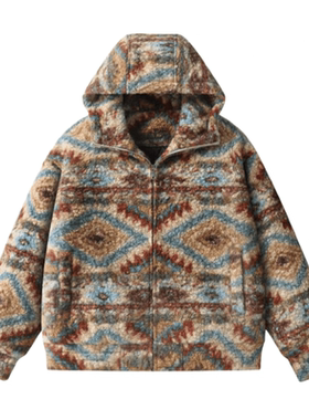 【暖织栖衣】复古连帽外套/民族风纹理保暖舒适宽松情侣夹克C3384