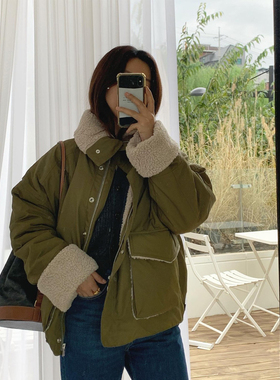 BREATHE韩国东大门代购22年冬季新款翻领拼羊羔毛宽松减龄外套女