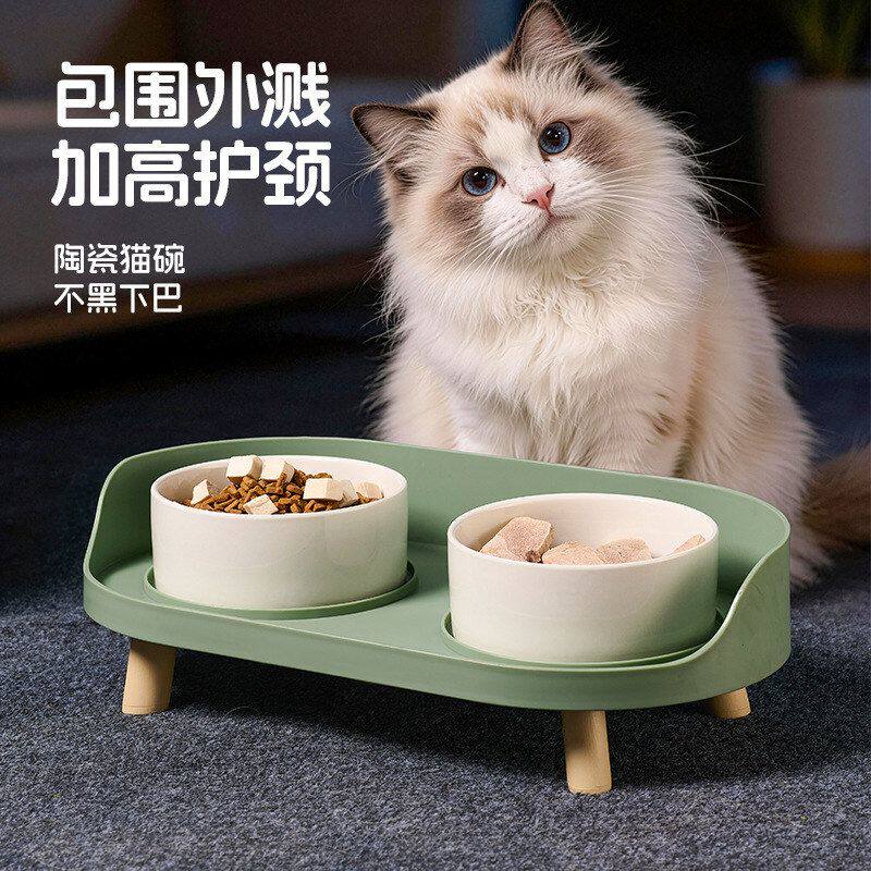 陶瓷猫碗双碗套装防打翻保护颈椎猫食盆宠物用品宠物碗加高护颈
