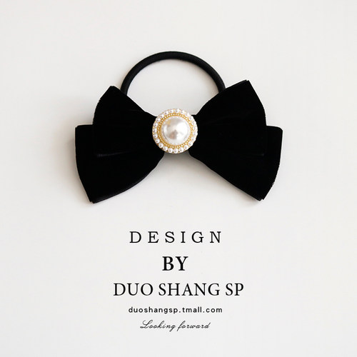 法式黑色蝴蝶结珍珠头绳女小香风