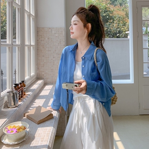 蓝色防晒服衬衫上衣套装女2025夏季新款休闲减龄背心阔腿裤三件套图片