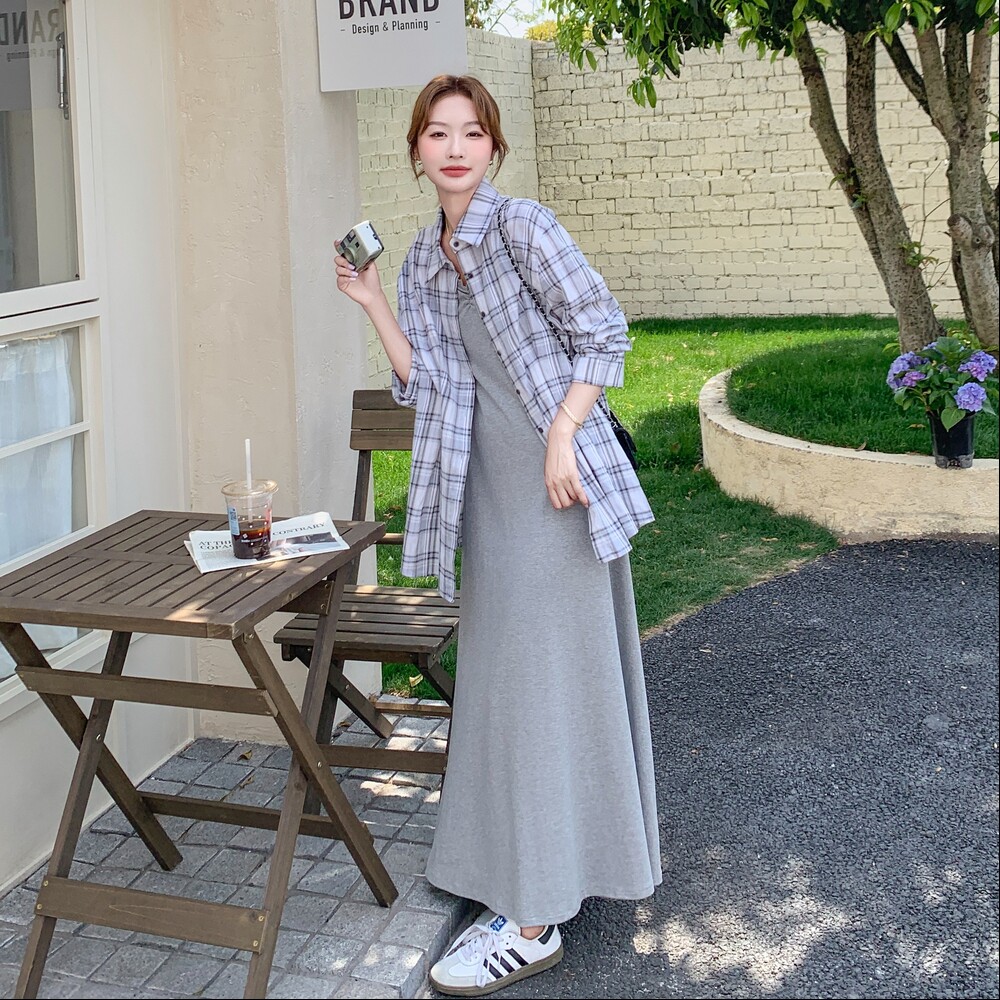 格纹防晒衬衫吊带连衣裙套装女2025夏季新款慵懒风休闲长裙两件套,女装套装/套裙,浙宝257