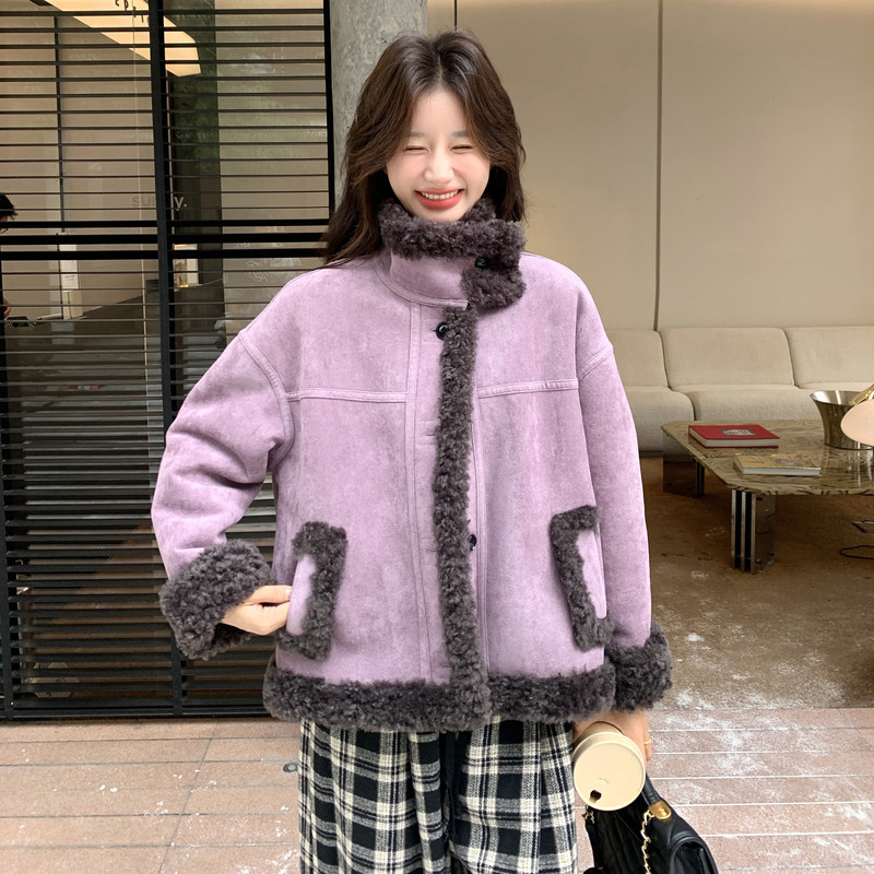 外面麂皮里面羊羔毛机车服保暖防风257-58542-P205K298,女装短外套,浙宝257