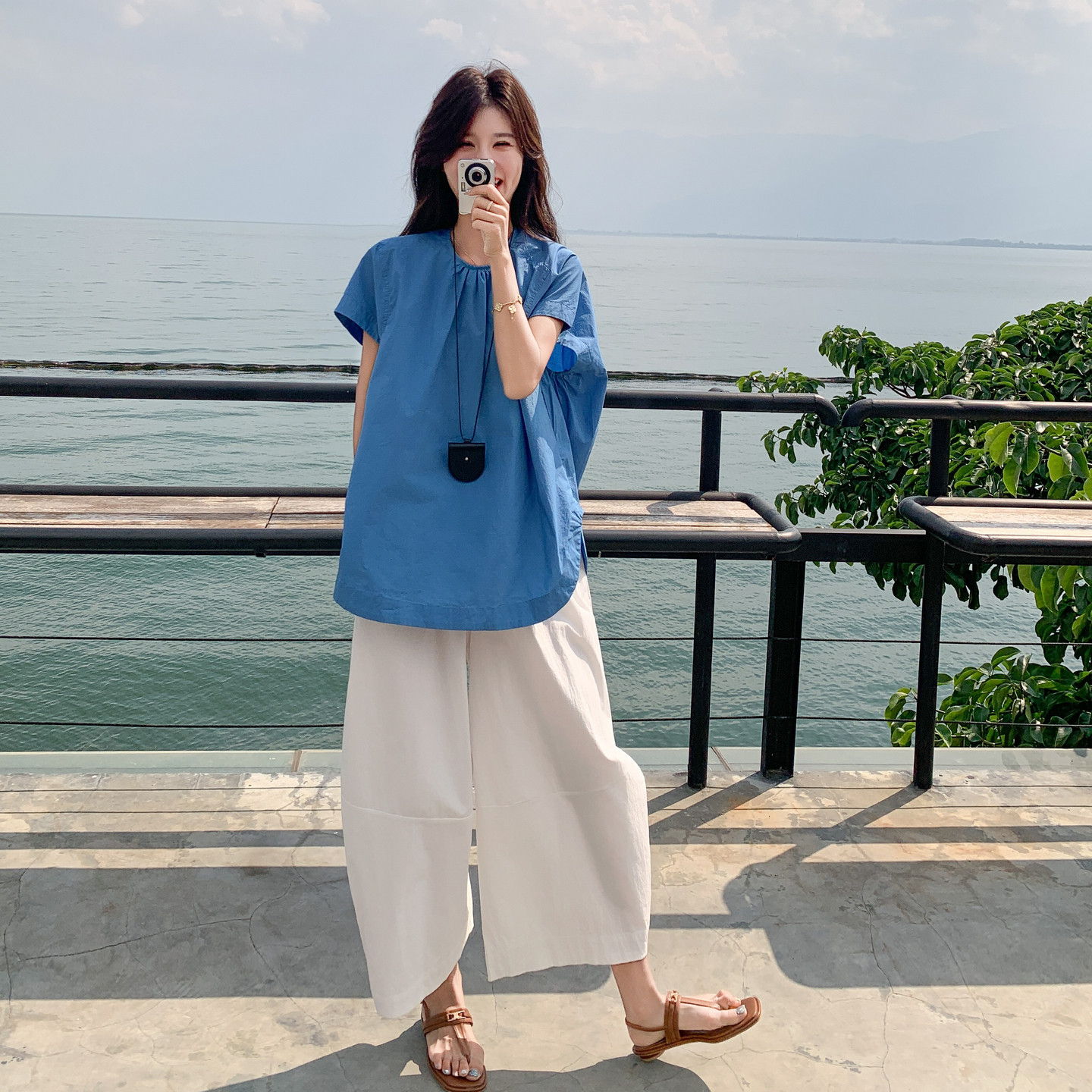 盐甜系穿搭蓝色上衣套装女夏新款小个子休闲显瘦白色九分裤两件套,女装套装/套裙,浙宝257