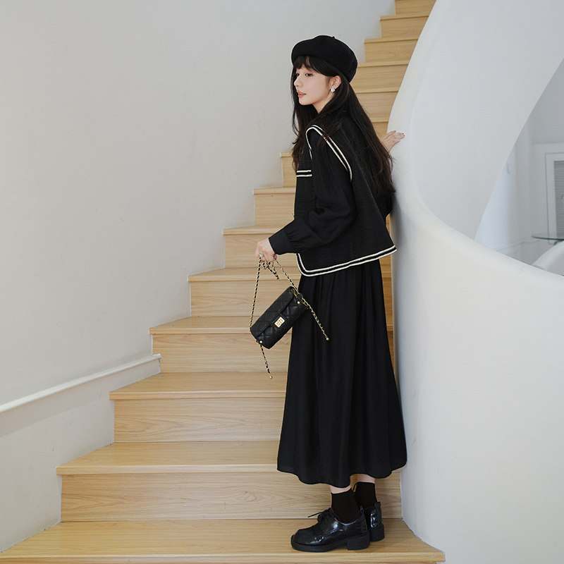 黑色赫本风连衣裙套装女2025春秋新款法式设计感小香风马甲两件套,女装套装/套裙,浙宝257