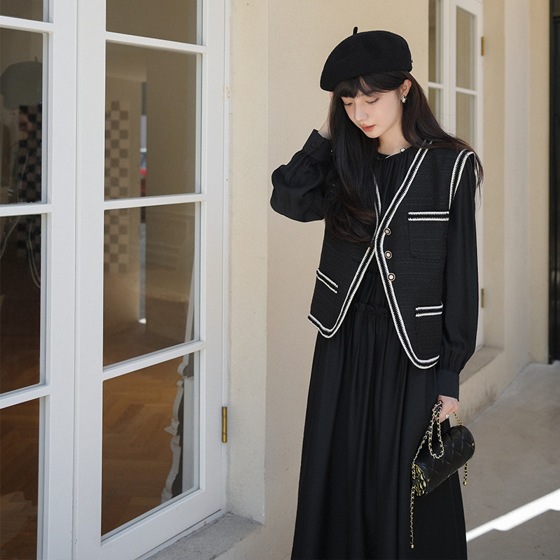 黑色小香风马甲套装女春秋2025新款优雅气质高端显瘦连衣裙两件套,女装套装/套裙,浙宝257