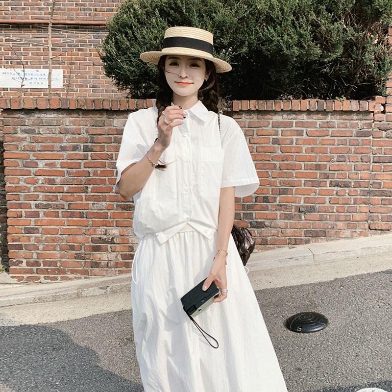 韩版时尚短款衬衫套装女2025夏季新款宽松显瘦工装半身长裙两件套,女装套装/套裙,浙宝257