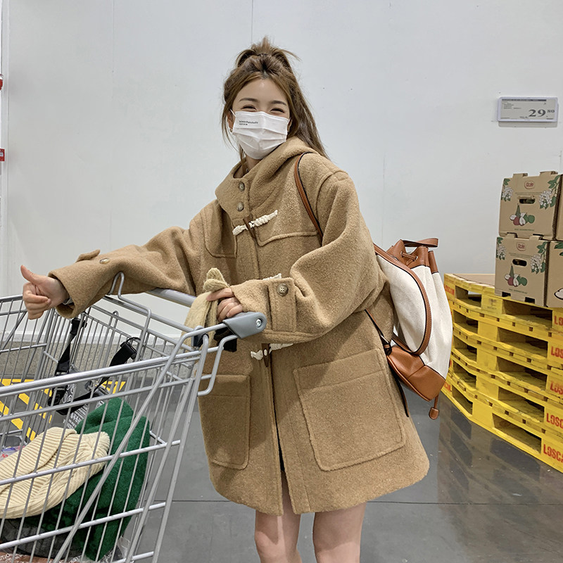学院风夹棉加厚牛角扣毛呢外套女2024冬高级减龄韩版连帽气质大衣,女装毛呢外套,浙宝257