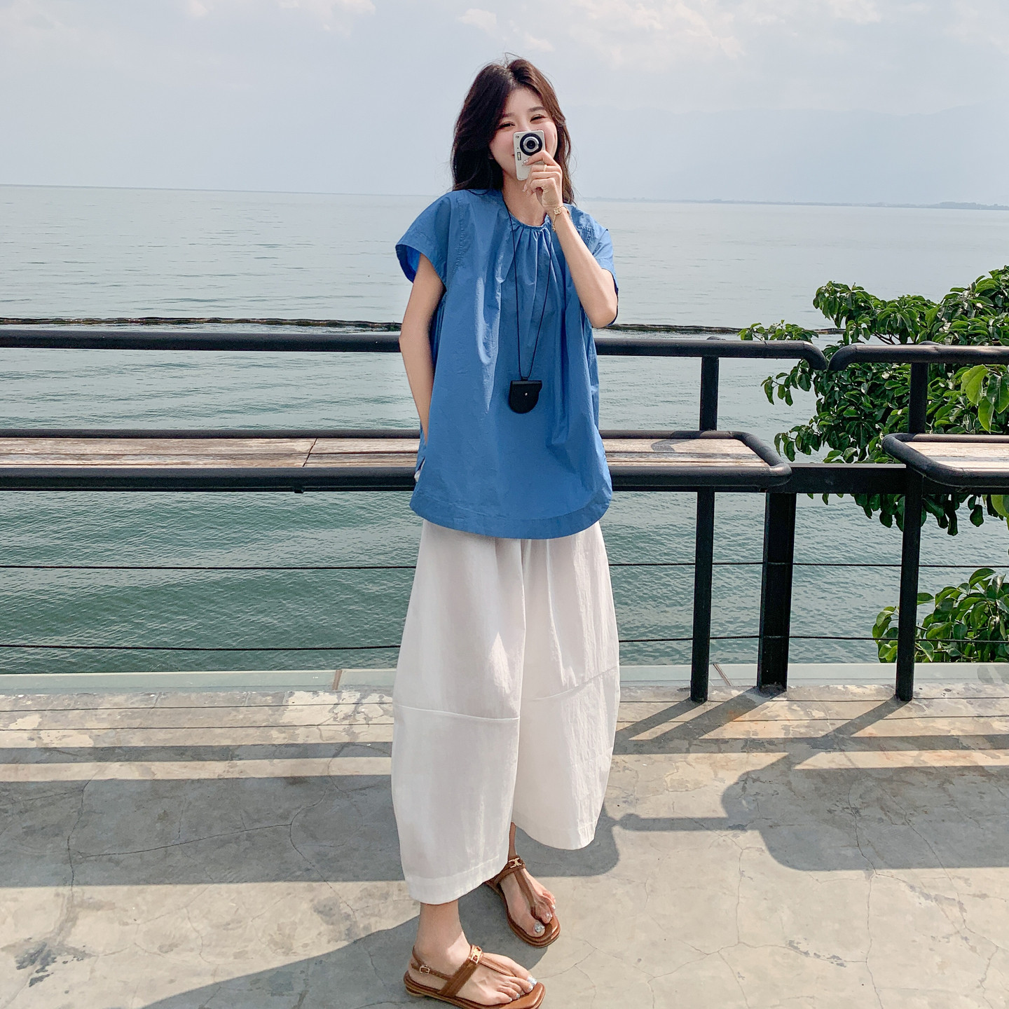 新款！现货！慵懒蓝色宽松休闲裤两件套257-58507-P155K228，女装套装/套裙，浙宝257