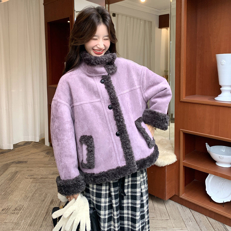 现货紫色千金感皮毛一体单面穿257-58542-P205K298,女装短外套,浙宝257