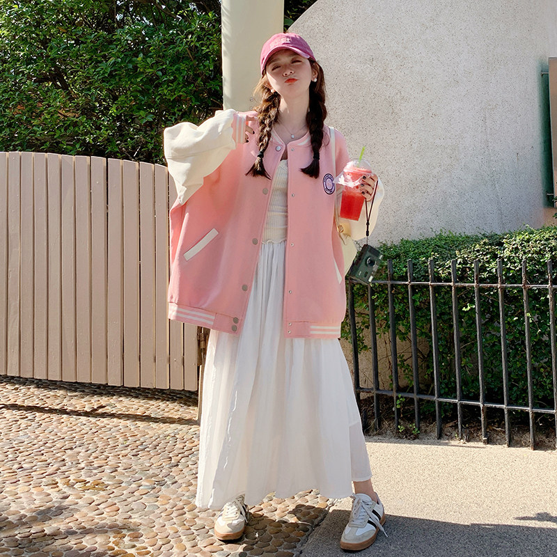粉色学院风减龄棒球服女2025春秋新款韩版宽松休闲小个子夹克外套,女装短外套,浙宝257