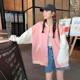 粉色学院风减龄棒球服女2025春秋新款韩版宽松休闲小个子夹克外套，女装短外套，浙宝257