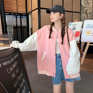 粉色学院风减龄棒球服女2025春秋新款韩版宽松休闲小个子夹克外套图片