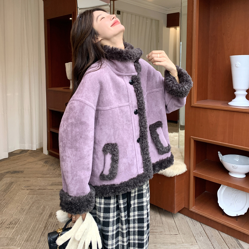 @外面麂皮里面羊羔毛机车服保暖防风257-58542-P205K298，女装短外套，浙宝257