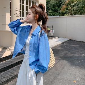 蓝色防晒服衬衫上衣套装女2025夏季新款休闲减龄背心阔腿裤三件套图片