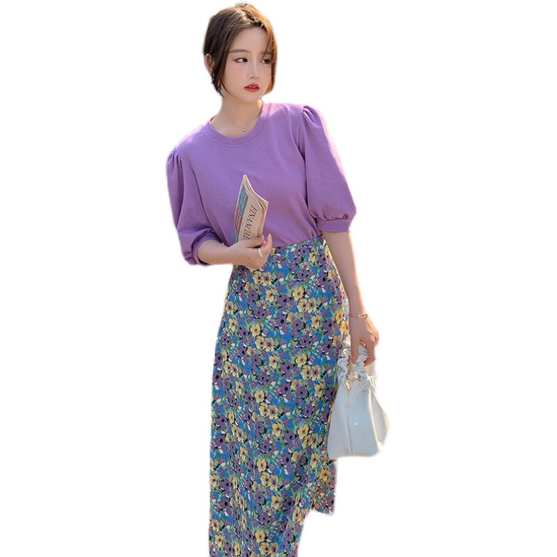 【新品现货】有宽松显瘦T恤+碎花半裙两件套装P105K158,女装套装/套裙,浙宝257