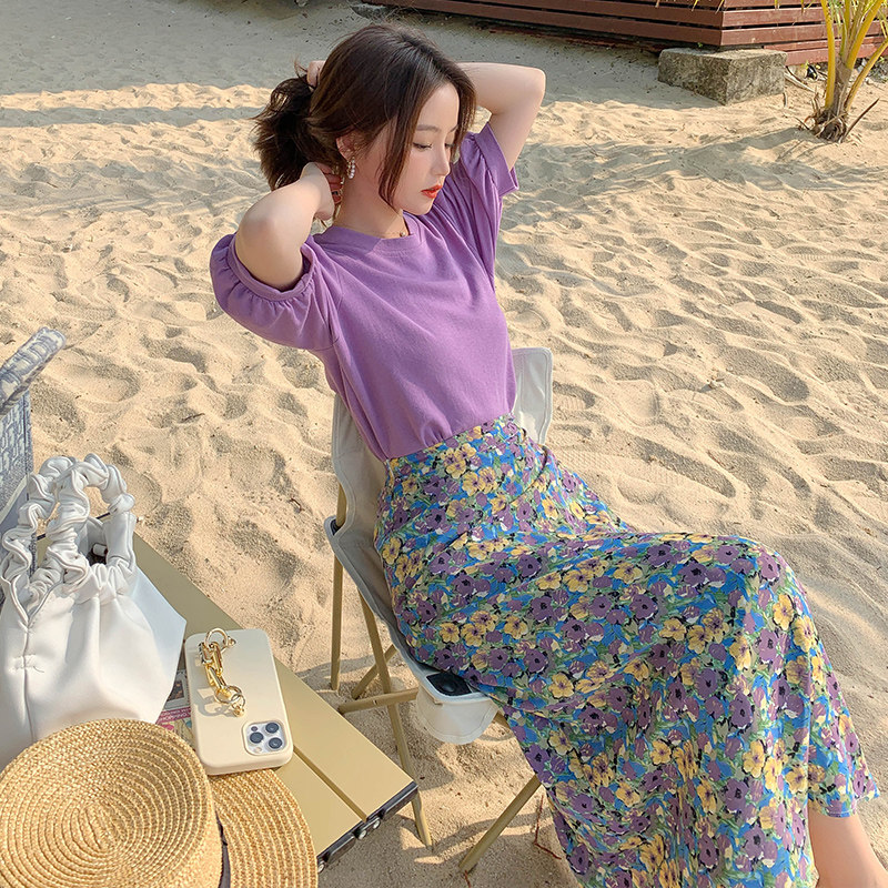 【2022夏新品】有宽松显瘦T恤+碎花半裙两件套装P105K158,女装套装/套裙,浙宝257