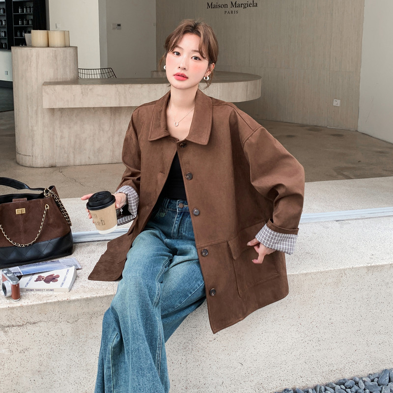 复古超好看麂皮绒外套2025新款秋季美式宽松休闲百搭淡人夹克外套,女装皮衣,浙宝257