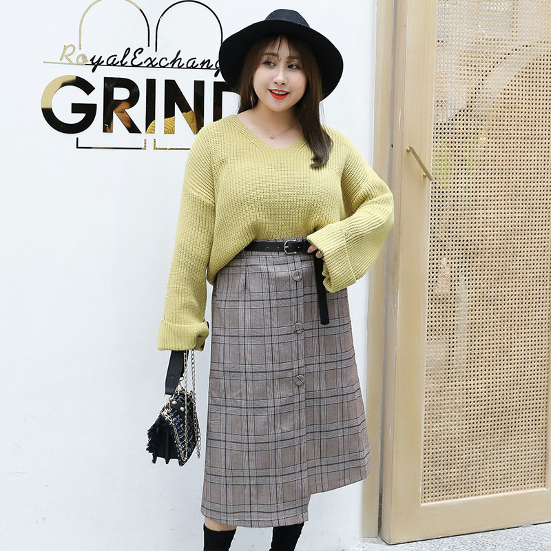 .2020春冬新款韩版胖mm大码女装加肥加大胖人服饰腰带格子半裙35