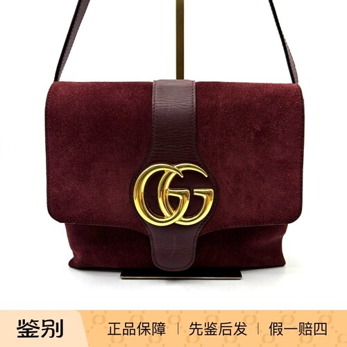 GUCCI古驰金标麂皮拼接皮革单肩斜挎包酒红色成色95新24732107