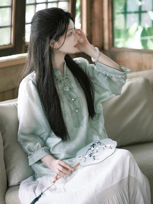 中国风盘扣改良旗袍女2024新中式款夏季古风禅意绿色衬衫上衣