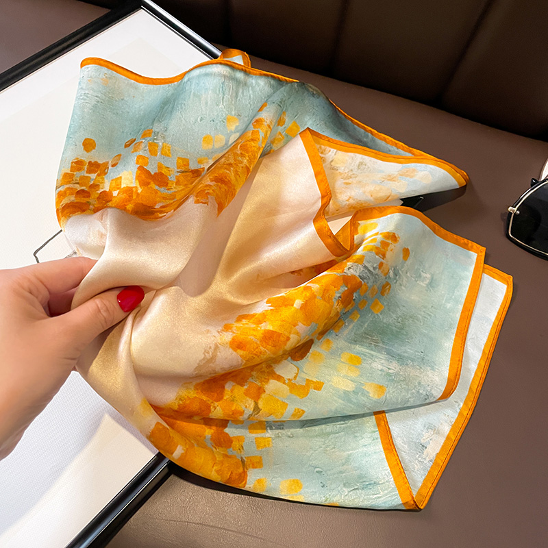 气质油画黄色100%桑蚕丝发带丝巾