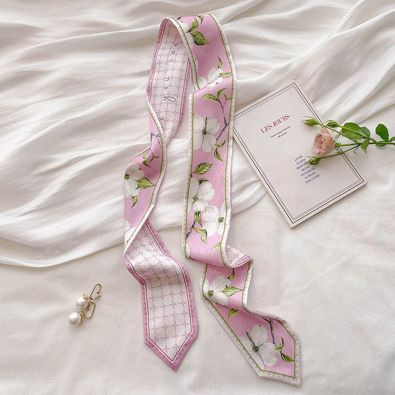 双面花卉尖角粉色发带丝巾