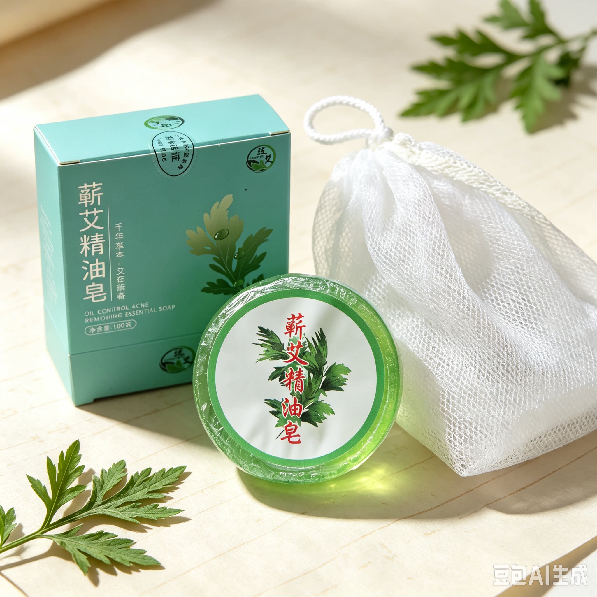 蕲艾精油皂 植物草本皂 家用沐浴清洁皂100g 盒装附带起泡网
