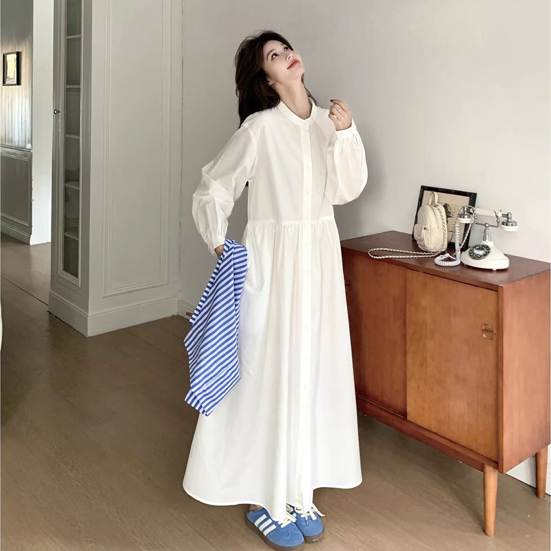 条纹披肩白色长袖连衣裙女早秋2026新款巨好看高级感收腰衬衫长裙图片