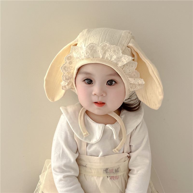 婴儿宝宝帽子春秋季薄款兔耳朵花边碎花胎帽女宝宝可爱超萌包头帽