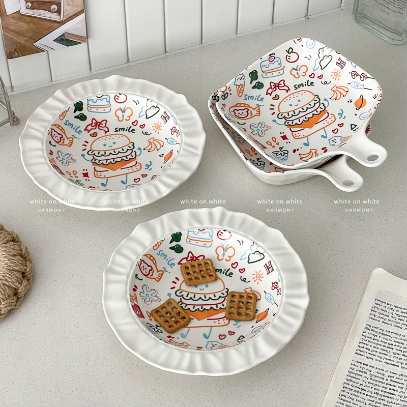 漂亮餐盘家用花边盘子ins风餐具可爱手柄盘高颜值草帽盘陶瓷深盘