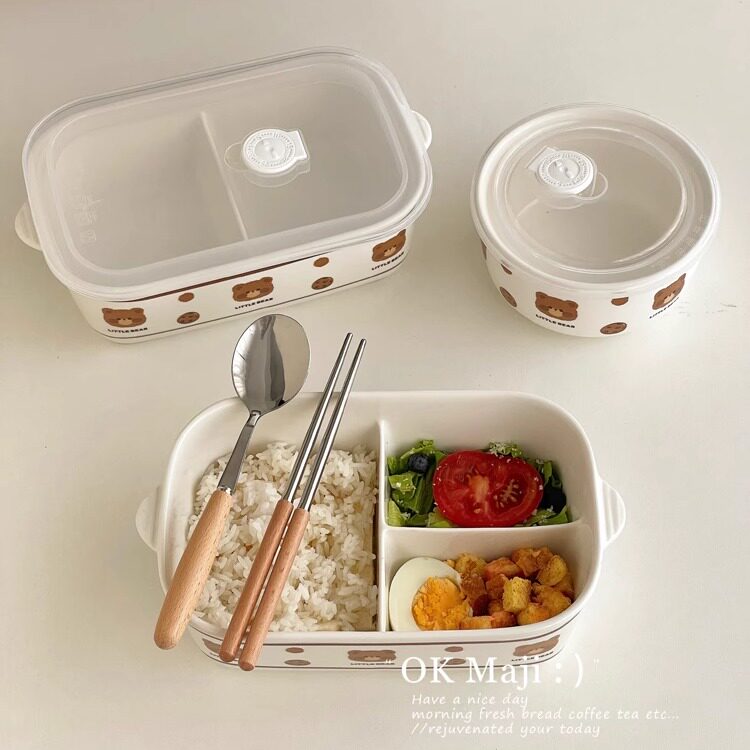 上班族带饭餐盒带盖耐高温陶瓷饭盒大容量保鲜盒学生小熊分格饭盒